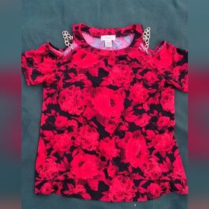Floral Cold Shoulder Blouse - Red and Black